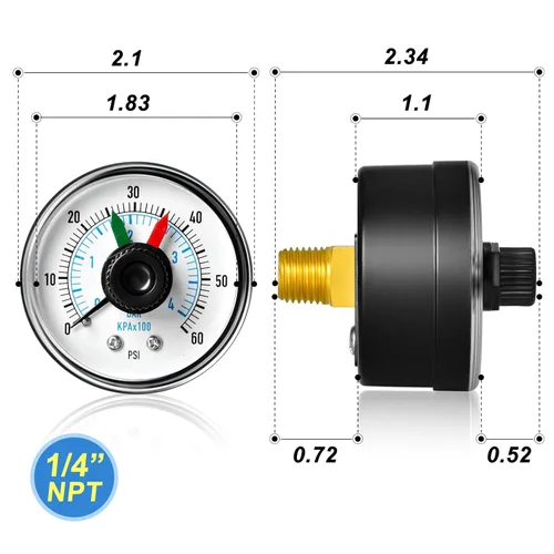 Miniatura 2 de MEANLIN MEASURE Caja de manómetro NPT de 0-60 Psi de 1/4" con dial para seleccionar filtro, 3-2-3% de precisión, montaje trasero central, con 1/2