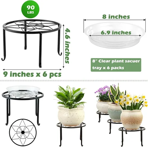Miniatura 3 de Paquete de 6 soportes de metal grandes de 9 pulgadas para interiores y exteriores, soporte para plantas en maceta de hierro a prueba de óxido
