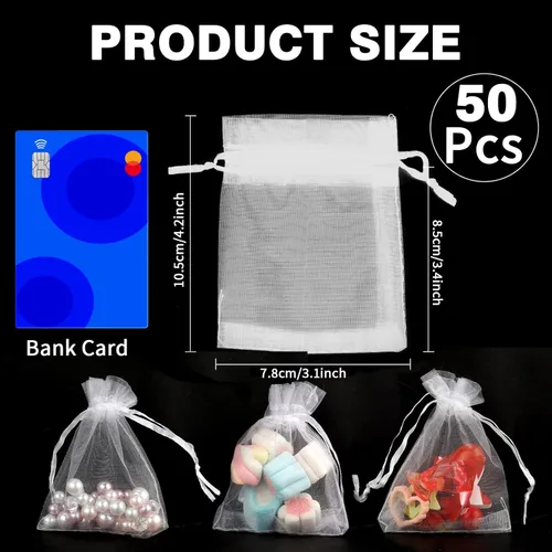 Miniatura 42 de Bolsas de organza, bolsa de organza transparente, 50 unidades, pequeñas bolsas de organza con cordón de 3 x 4 pulgadas, bolsas de regalo de joyería