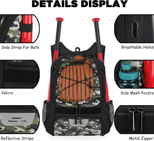 Miniatura 2 de Goloni Mochila de béisbol, bolsa de béisbol para adultos, bolsa de bate de sóftbol con compartimento para zapatos, compartimento principal grande