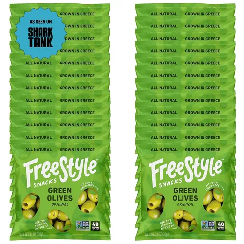 Freestyle Snacks Paquetes de Aperitivos de Aceitunas – Porción Individual – Aceitunas Verdes Frescas Deshuesadas, Tamaño Jumbo, Cultivadas en