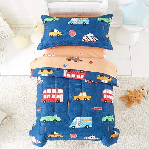 Miniatura 5 de Juego de ropa de cama para niños pequeños, color azul marino con autos coloridos, incluye 1 edredón para niños, sábana encimera, sábana bajera