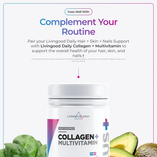 Miniatura 6 de Livingood Daily Suplemento para cabello, piel y uñas, fórmula 14 en 1 con biotina, colágeno, queratina, bambú, selenio, folato, B12, zinc y más