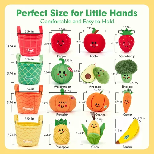 Miniatura 8 de Hahaland Juguetes sensoriales para bebés - 16 piezas Mi primera fruta Verdura Clasificación de color de alimentos de juego crujiente, sonajero