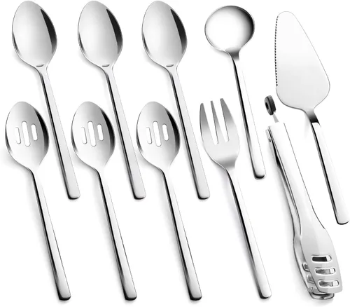 KINGSTONE Juego de Utensilios de Servir Grandes para Anfitriona, Acero Inoxidable 18/10 de Alta Resistencia - Cucharas de Servir de 25.4 cm, Plateado