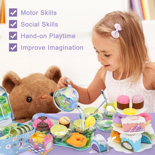 Miniatura 7 de Juego de fiesta de té para niñas pequeñas, 50 piezas, princesa, caballo, tiempo de té, juguete que incluye golosinas para jugar, bandeja de tetera