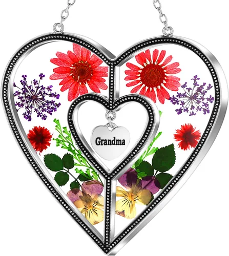 Miniatura 17 de Ky&Bosam - Atrapaluz de cristal, ventana en forma de corazón, con flor prensada, diseño de corazón/ "Mom", regalo para el Día de la Madre, Navidad