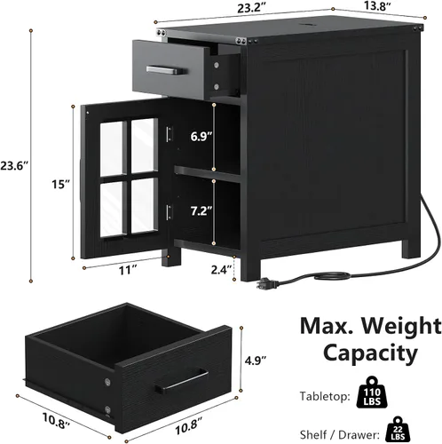 Miniatura 3 de VVFLU Mesa auxiliar estilo granja con estación de carga y 1 gabinete de almacenamiento, 1 cajón, mesita de noche de madera negra estrecha, mesa