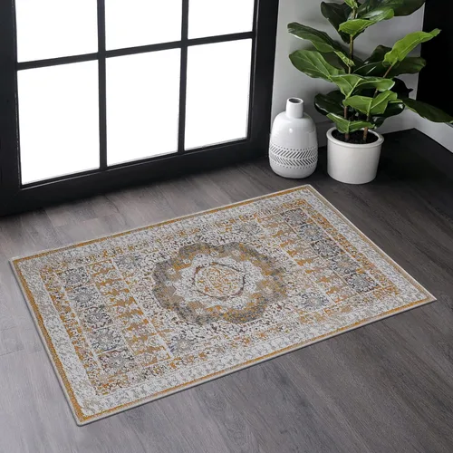 Miniatura 50 de NAAR PAYAS Collection - Alfombra de área de 6 x 9 pies, diseño de medallón crema y azul, no se desprende, resistente a las manchas, para sala