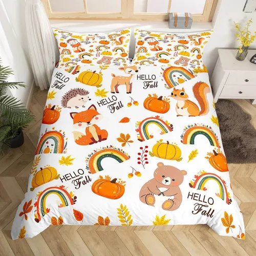 Juego de funda de edredón de otoño, tamaño individual, diseño de hojas de calabaza, dibujos animados, arcoíris, zorro, oso, ciervo, para niños y