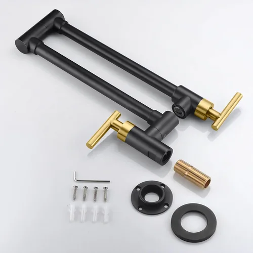 Miniatura 8 de SUMERAIN Grifo de llenado de olla para montaje en pared, grifo de cocina negro y dorado, brazos oscilantes de doble articulación, dos manijas