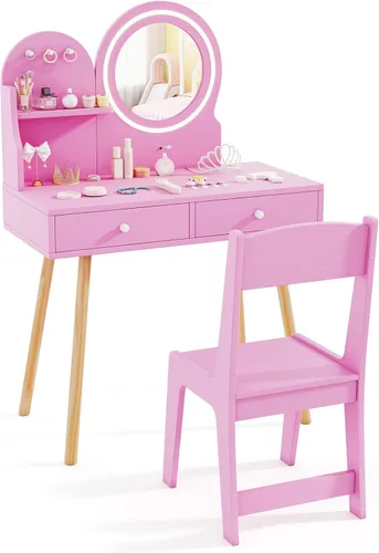 Miniatura 13 de HONEY JOY Juego de tocador para niños, juego de tocador para niñas con espejo y taburete y luces, cajones y estantes de almacenamiento, mesa