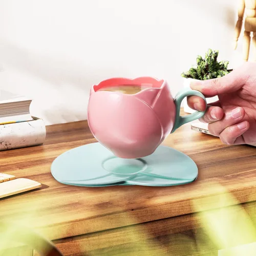 Miniatura 9 de UPKOCH Juego de tazas de café de cerámica con diseño de tulipán retro con platillos para uso diario en la cocina