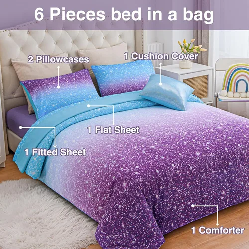 Miniatura 5 de A Nice Night Juego de edredón para niñas, tamaño Twin, 6 piezas, cama en una bolsa, juego de sábanas en 3D colorido brillante galaxia arco iris