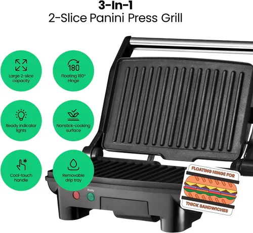 Miniatura 2 de Chefman Panini RJ02-180 parrilla de presa y sandwichera gourmet con revestimiento no adherente, se abre a los 180 grados, funciona con cualquier