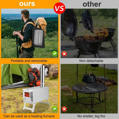 Miniatura 5 de Estufa de tienda de campaña de acero inoxidable 304, ultraligera, plegable, portátil, estufa de leña con tubos de chimenea y amortiguador giratorio