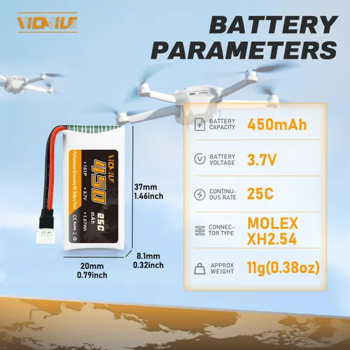 Miniatura 2 de 3.7V Lipo Batería 450mAh Alta Capacidad 25C RC Molex Drone Batería con 5-en-1 Cargador para SYMA Q11 AT-96 TR-C385 TR-P51 TR-F22 H99W H31 H6C H98