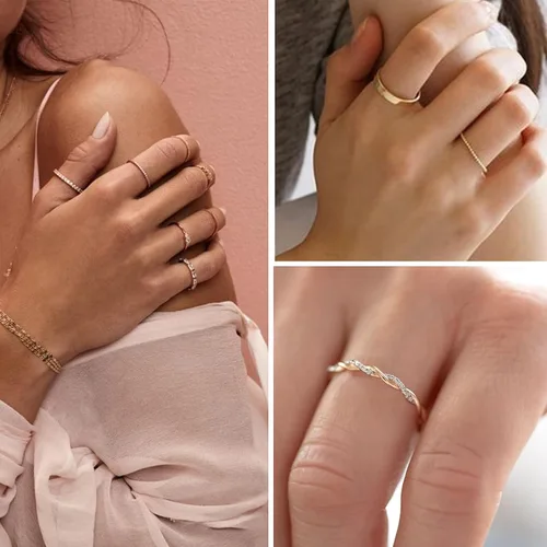 Miniatura 4 de FAXHION 12 piezas de anillos delicados de oro de 14 quilates para mujer, diseños cruzados de diamante simulado con giro grueso abierto de eternidad