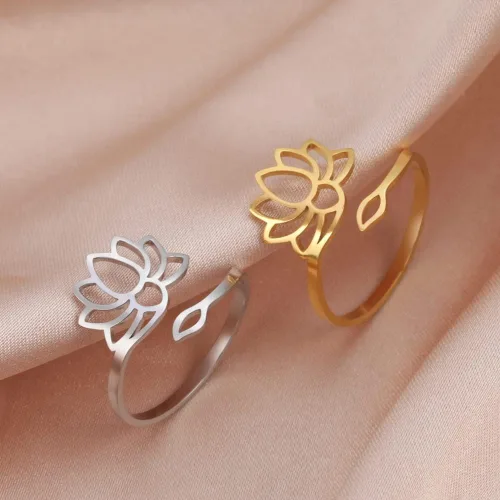 Miniatura 6 de kkjoy Anillo de yoga de flor de loto de acero inoxidable con diseño de loto ajustable, anillo de dedo abierto, regalo inspirador para mujeres
