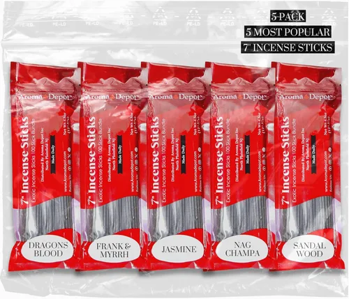Aroma Depot 5 varillas de incienso más populares de 7 pulgadas, juego variado de 500 unidades, 7 pulgadas de largo, 5 paquetes de 85 a 100 varillas
