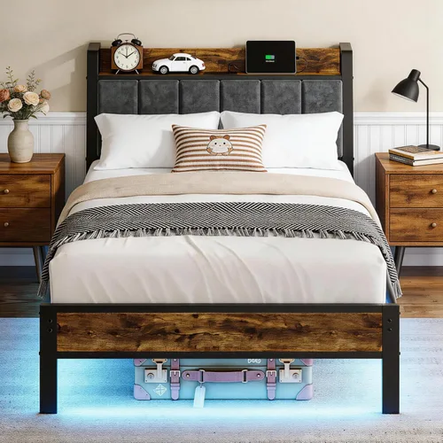 Base de cama de tamaño individual con cabecera de almacenamiento y estación de carga, luces LED RGB inteligentes, cama de plataforma de metal con