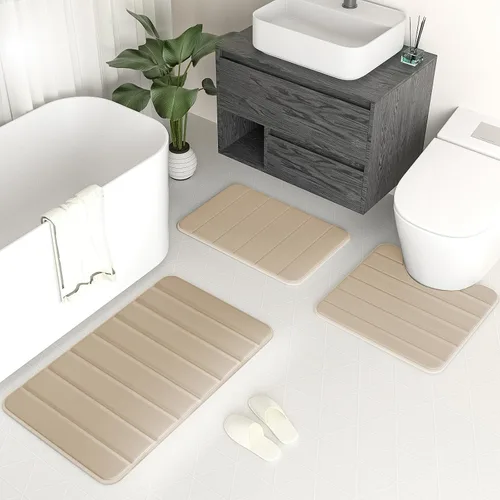 Juego de 3 alfombras de baño de espuma viscoelástica, parte inferior antideslizante para baño, ducha, lavable a máquina, tapete de inodoro suave,