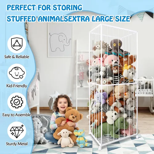 Miniatura 4 de Almacenamiento de animales de peluche, tubo de metal extra grande organizador de almacenamiento de juguetes con ruedas de freno, soporte para Blanco