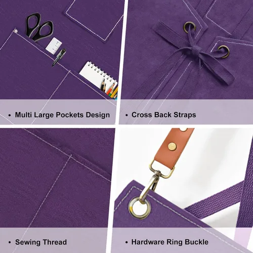 Miniatura 3 de OUNLEN Delantal de Chef para Hombres y Mujeres de Lona con 3 Bolsillos, Delantal Resistente de Trabajo con Espalda Cruzada para Cocinar Púrpura