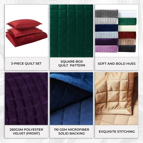 Miniatura 4 de Tribeca Living FLORENCEQUIKISI - Juego de acolchado Florencia, de terciopelo, sólido, tamaño grande) Morado