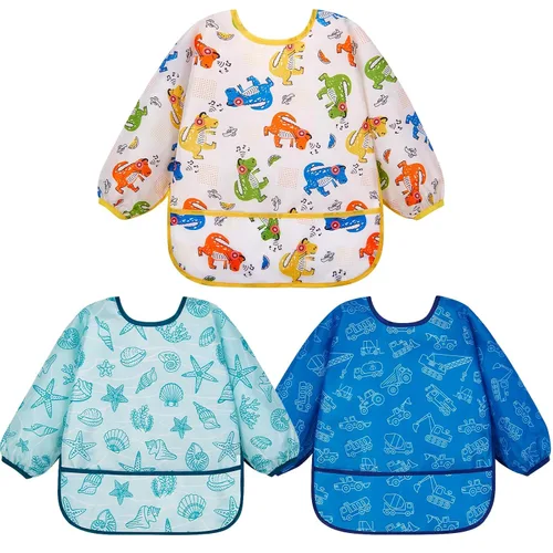 Lictin Paquete de 3 baberos para bebé para niño o niña, lindo babero de manga larga, baberos impermeables para niños pequeños, bata de bebé con