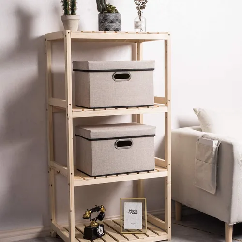 Miniatura 3 de PRANDOM Contenedor de almacenamiento plegable con tapa [1 unidad] Caja de almacenamiento decorativa de tela de lino, cesta organizadora con asas
