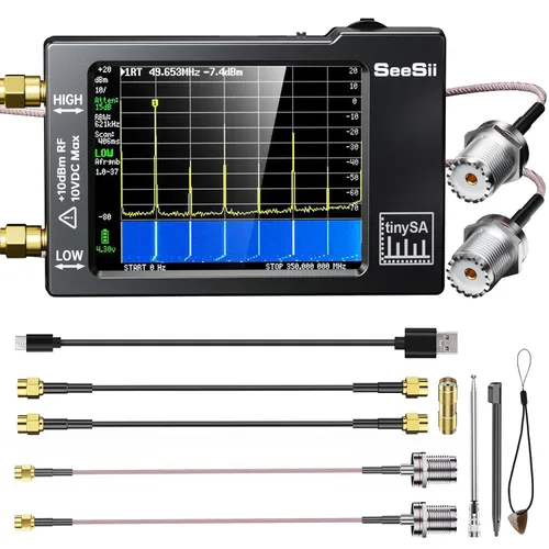 Analizador de espectro portátil TinySA, analizador de frecuencia pequeño SEESII actualizado V0.3.1 con cables de antena SMA macho a UHF hembra,