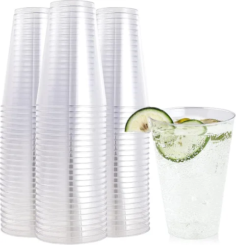 FOCUSLINE Paquete de 100 vasos de plástico transparente de 14 onzas, vasos desechables grandes de plástico reutilizables, vasos transparentes 14 oz