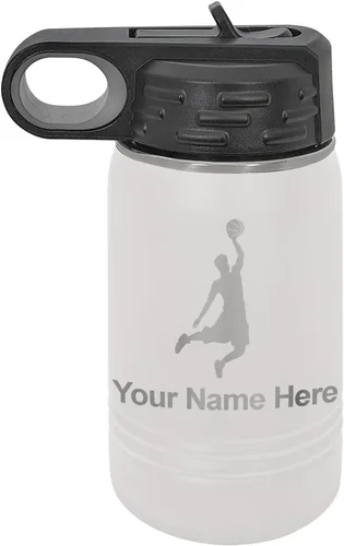 Miniatura 13 de LaserGram Botella de agua personalizada, hombre haciendo slam dunk de baloncesto, de acero inoxidable, de doble pared con aislamiento al vacío