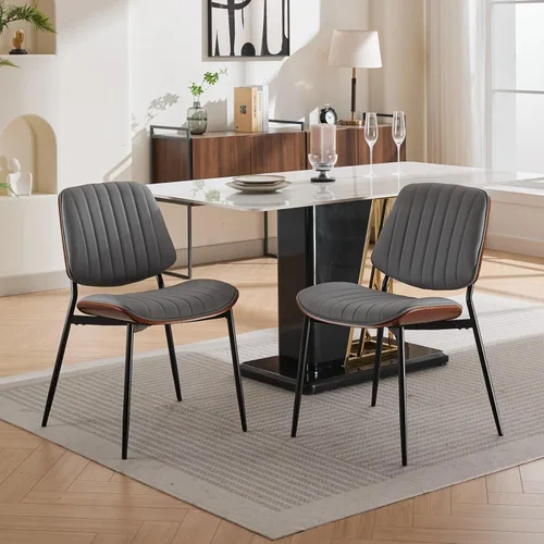 Miniatura 46 de REONEY - Juego de 4 sillas de comedor, modernas de mediados de siglo, tapizadas en piel sintética PU con respaldo de madera curvada de nogal y patas