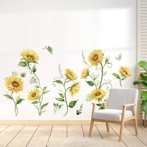 Miniatura 3 de decalmile Calcomanías de pared de girasol de acuarela flores amarillas jardín floral pegatinas de arte de pared dormitorio sala de estar TV fondo