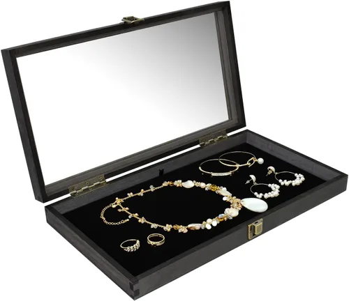Miniatura 6 de MOOCA Vitrina de madera para joyas, vitrina de bolsillo con tapa superior de vidrio templado y almohadilla de joyería de terciopelo MDF de lujo