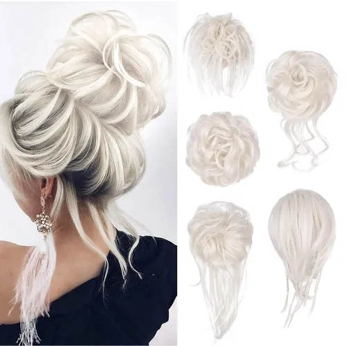 Miniatura 17 de 5 piezas de extensiones de cabello para moños desordenados con banda elástica de goma para mujeres, extensiones de cola de caballo con horquillas