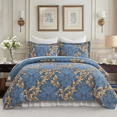 Juego de edredón Queen 100% algodón – Colcha floral de damasco azul, juego de ropa de cama reversible de estilo europeo clásico de 3 piezas, ligero