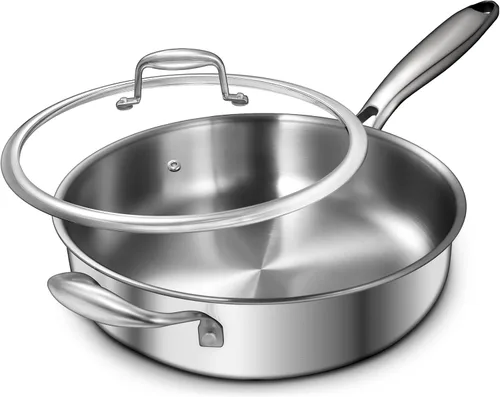 Miniatura 11 de EWFEN Sartén de acero inoxidable de tres capas de 12 pulgadas, compatible con todas las estufas de hasta 600 ℉, sartén grande con tapas, sartén