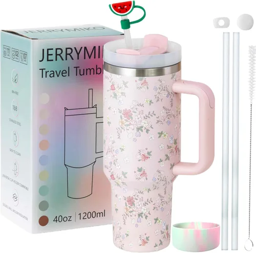 Miniatura 10 de Vaso de 40 onzas con asa y tapa con popote, Vasos aislados de acero inoxidable de pared doble con sello al vacío, Taza de viaje para bebidas frías