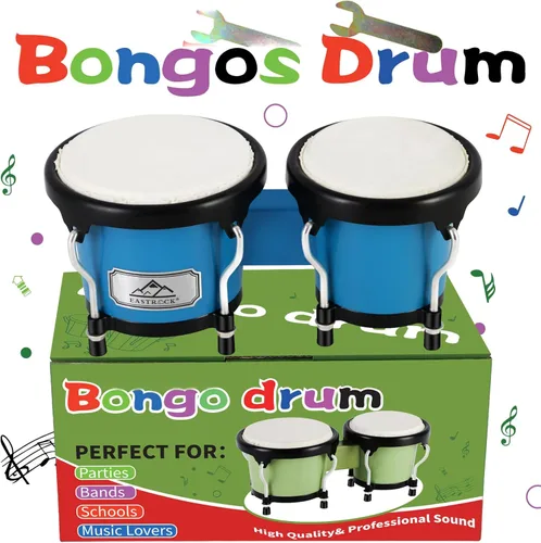 Miniatura 5 de EASTROCK Tambor Bongo de 4" y 5" Juego para Adultos, Tambores Bongos de Percusión con Llave de Afinación (Azul)