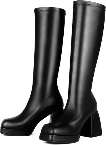 Miniatura 3 de STALOV Botas Gogo de plataforma para mujer, punta cuadrada, tacón grueso, apiladas, botas altas hasta la rodilla