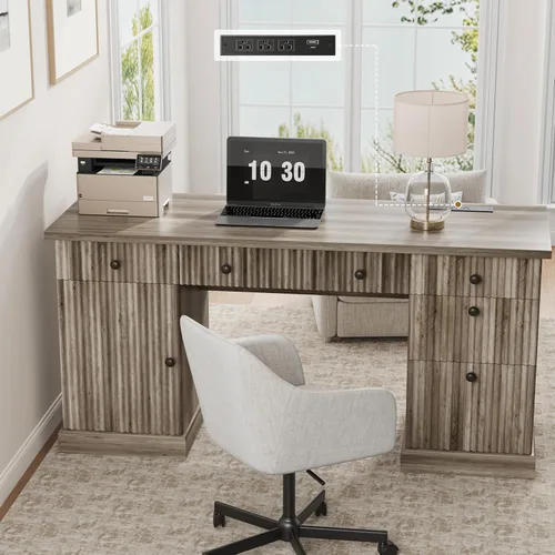 Miniatura 13 de Garvee 60" Office Desk with Storage & Drawers. Fluted Wood Computer Desk with Power Outlet & Adjustable Shelves.Modern Executive Desk for Home