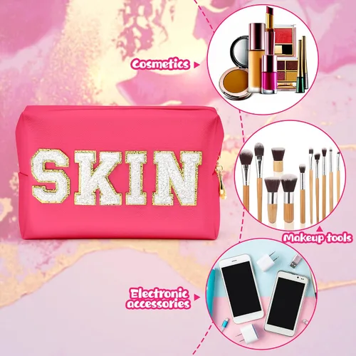 Miniatura 3 de Y1tvei Preppy Patch SKIN - Neceser de piel sintética con letras blancas, bolsa de maquillaje portátil para uso diario, bolsa de almacenamiento