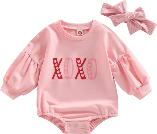 Miniatura 31 de SOLILOQUY Traje de manga larga con cuello redondo para el primer día de San Valentín para bebé niño y niña, mameluco de corazón de amor