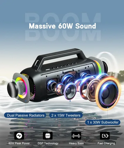 Miniatura 8 de Ortizan Altavoces inalámbricos Bluetooth de 80 W con graves, tiempo de reproducción 24 horas, IPX7 impermeable, Bluetooth 5.3, emparejamiento TWS