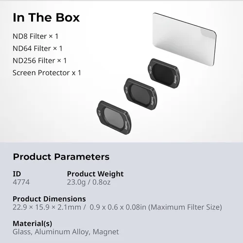 Miniatura 9 de SMALLRIG Juego de filtros magnéticos ND para DJI Osmo Pocket 4/3, incluye ND8, ND64, ND256 filtro multicapa y protector de pantalla, accesorios