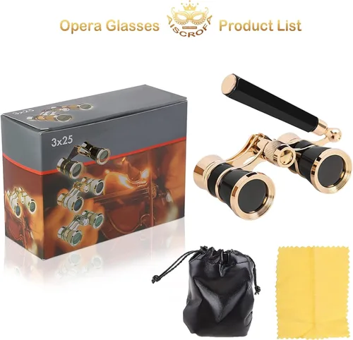 Miniatura 5 de Gafas de ópera, prismáticos de teatro 3X25 con mango plegable y extensible, mini binoculares compactos y ligeros, gafas de teatro portátiles