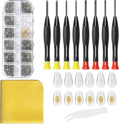 Kit de reparación de lentes con tornillos para gafas, contiene kit de destornillador de precisión y almohadillas nasales, paño de limpieza, pinzas,